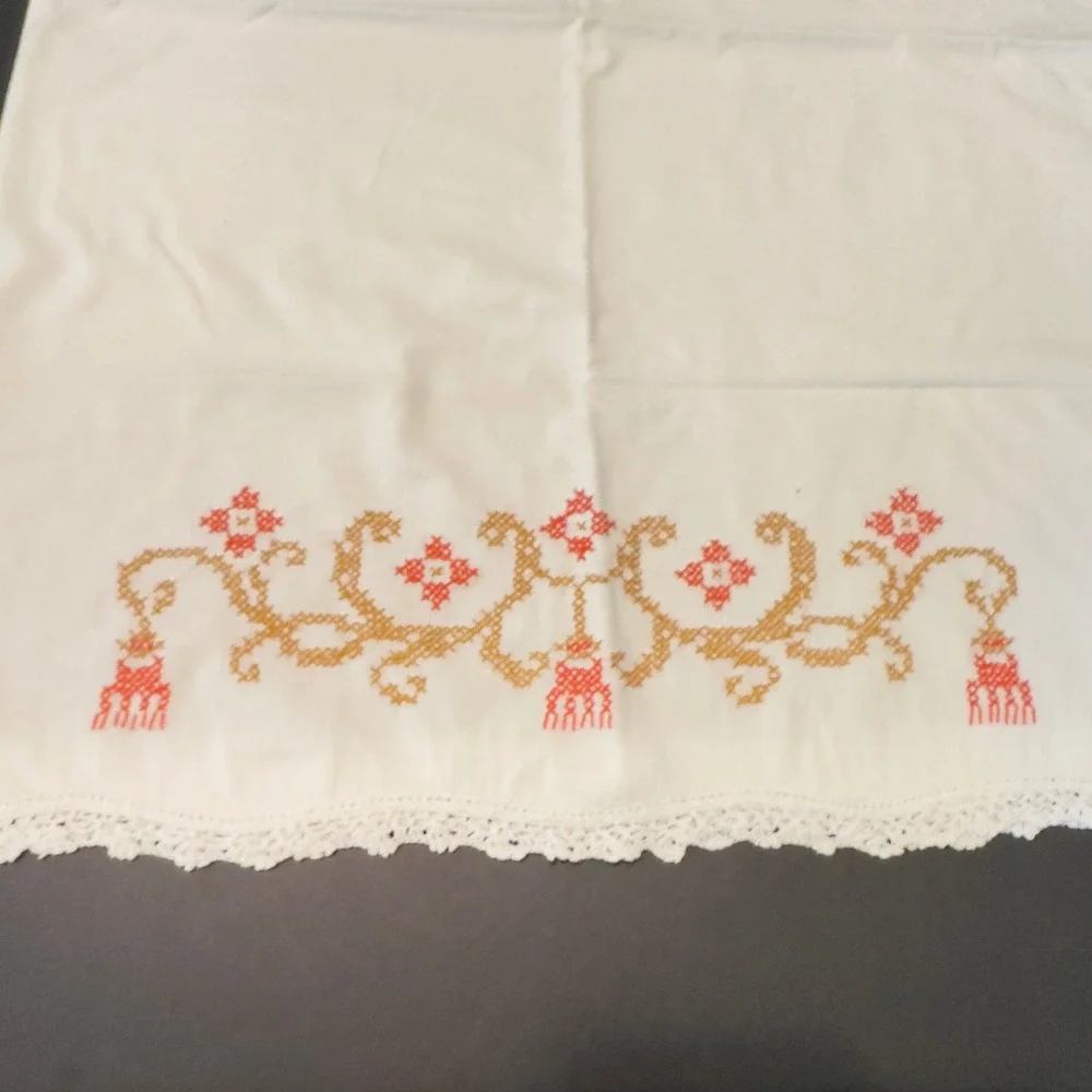 Vintage Pillowcase White Handmade Orange Embroidered Cross Stitch Lace Cottage